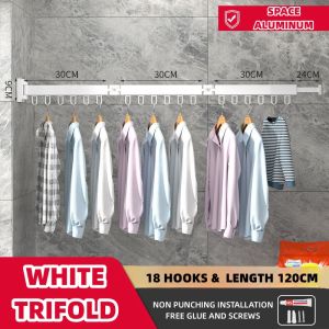 【SG Stock】 Retractable clothes hanger Aluminum Drying Rack Folding Wall-mounted Invisible Clothesline Pole