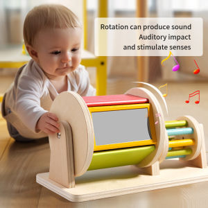 Montessori Wooden Rainbow 2-in-1 Spinning Drum Baby Toy for 6-12 Months Old Tummy Time Toys Wooden Spinning Toy for Boy and Girls Gift