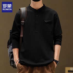 ROMON | Mens Henley Long Sleeve Tee Shirt