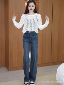 Fashionable Thin Hollow Long Sleeve Knitted T-Shirt Women Summer New Loose Belly Covering round Neck Shirt Korean Style Top