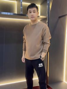 Autumn and Winter New Fashion Slit Clean Sweater Mens Fleece-lined Long Sleeve Bottoming Shirt Pullover All-Matching round Neck T-shirt
