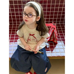 Girls Lace Trim Short Sleeve T-Shirt Summer New Style Thin Top Silk Denim Pants Summer Set Sweet Style Slim Fit round Neck Regular Length