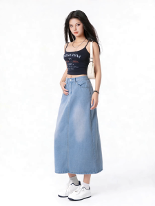 High waist jeans skirt fashion A-Line skirt straight and tight leg length long legs Korean style mid-long half-length skirt