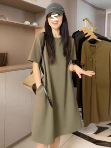 ชุดเดรสสาวอวบ ชุดเดรสแขนสั้นหลวมๆ สำหรับผู้หญิงไซส์ใหญ่ ชุดทำงานสไตล์เกาหลี ทรงหลวม แขนสั้น กระโปรงทรงเอ ผ้าโพลีเอสเตอร์