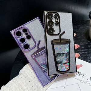 For Samsung Galaxy S24 Ultra S23 S22 Case Cover 3D Bling Sparkle Plating Juice Bottle Designer Cup-Shaped Moving Glitter Phone Cases Quick Sand Flowing Liquid Glitter Shockproof Phone Case