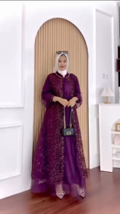 Gamis Brokat Terbaru Mewah Nadine Dres Tille Full Puring Mix Brukat M L XL XXL 3XL Dress Kondangan Wanita Jumbo Elegan Ootd Remaja Hijab Baju Seragaman Pernikahan Warna Mahogany Burgundy Hitam