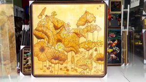 ( Kèm khung) Tranh sơn mài - HOA SEN - Size 154x154 cm - Nền dát vàng hàng cao cấp xuất khẩu
