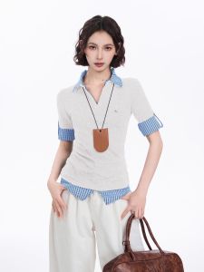 Black Polka Dot Short Sleeve Polo Shirt Womens Summer Slim Fit Short Length Tight Waist Halves T-Shirt Korean Style Commute