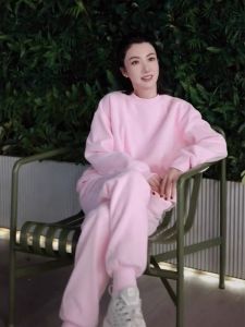 Bộ Đồ Thể Thao Màu Hồng Thời Trang Dành Cho Nữ Bộ Đồ Chạy Bộ Hai Mảnh Có Lớp Lót Cotton Dày Rộng Rãi Phong Cách Hàn Quốc Giảm Tuổi