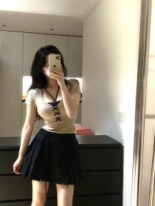 เสื้อยืดแขนสั้นผู้หญิง Pure Desire Style ลายลูกไม้ ทรงเข้ารูป กระโปรงทรงเอ ทรงเข้ารูป สไตล์หวานและเผ็ดร้อน