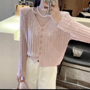 เสื้อคาร์ดิแกนถักคอวีแขนยาวสะท้อนแสงสุดหรูสำหรับผู้หญิง เสื้อคลุมกันหนาวแบบสวมหัวทรงสลิมฟิต ผ้าโพลีเอสเตอร์ ฤดูใบไม้ผลิ 2025