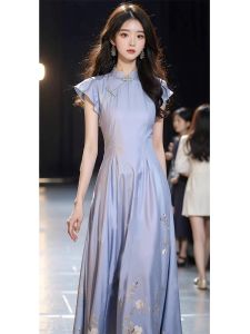New Chinese Style Young Womens Purple Dress Summer Elegance High Waist A-Line Skirt Short Sleeve round Neck Commute Lady Dress