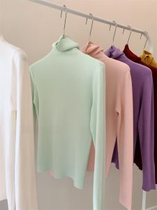 Long Sleeve Knitted Sweater High Collar Base Layer Top Korean Style Slim Fit Inner Wear Pink Color Block Layering Commute