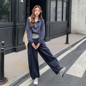 Casual Sporty Two-Piece Set in Dark Blue Korean Style Womens High Waist Wide Leg Pants Fake Two-Piece Autumn Collection