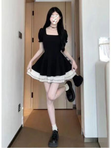 Black Puffy Skirt Dress Womens Tea Break Hepburn Style Summer New French Small Waist Princess Short Skirt Korean Style High Waist A-Line Skirt Short Sleeve Zipper Closure