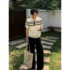 LIUBU | Fair Isle Pattern Diamond Stitch Short Sleeve Knit T-shirt For Men Summer Buttoned