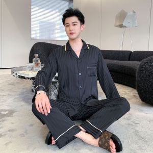 DTHN | New Couple Ice Silk Sleepwear Thin Long Sleeve Long Pants Mens Silk Satin Womens Home Clothes Set Simple Style Summer 2024