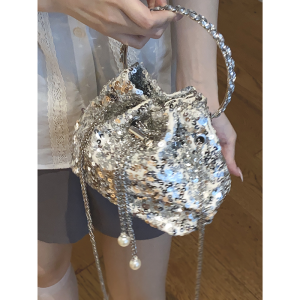 Carle 2023 New Womens Bucket Bag with Sequin Lining Fashionable Japanese and South Korean Style Handbag Versatile Shoulder Crossbody Satchel for Casual Scenarios