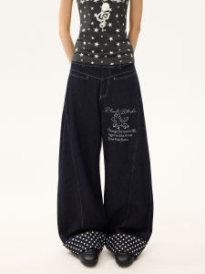 Vintage Dots Patchwork with Horse Letter Embroidery Jeans