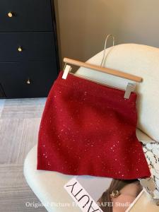 New Year Red Shiny Thin Half Skirt Womens Autumn Winter Thickened Knitted A-Line Mini Skirt Small Size Bodycon Short Skirt