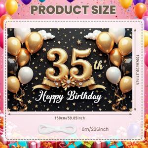 20th/35th/65th/100th Birthday Banner Golden Balloons Elegant Ribbon Celebration Backdrop for Birthday Party Indoor Decoration