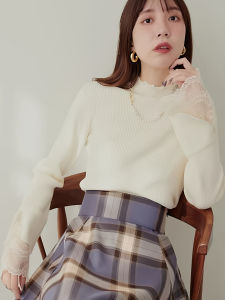 Elegant Sweet Lace Sleeve Splice Knitted Top Womens Base Layer Shirt Autumn New Arrival Commute Style Regular Fit Long Sleeve High Collar