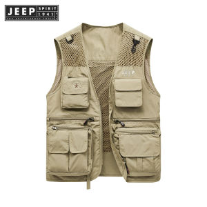 เสื้อกั๊กผู้ชาย JEEP SPIRIT 1941 สำหรับการพักผ่อนกลางแจ้งแบบแผ่นด้วยฤดูใบไม้และร่วงสำหรับถ่ายภาพกระเป๋าตกปลาที่ขนาดใหญ่