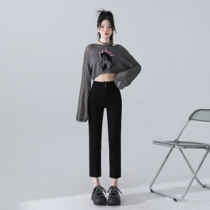 High Waist Black Double Buckle Cigarette Jeans Womens Straight Leg Versatile Small Size Nine Point Pants Cotton Stretch Denim