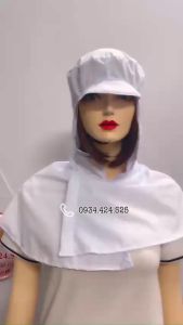 Nón công nhân trùm bảo hộ kết trắng có vành bo thun có miếng dán thủy sản- thực phẩm
