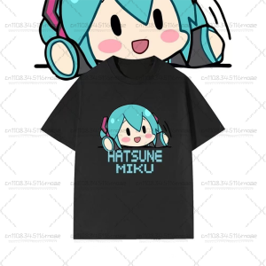 Bandai | New Hatsune Miku Cartoon Printed Cotton T-shirt Summer Casual Top Daily Comfort Breathable Fashion T-shirt Style