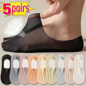 ซิลิโคนระบายอากาศถุงเท้าผู้ชายล่องหนผู้หญิง5คู่กันลื่นรองเท้าสลิปเปอร์คุณภาพสูงถุงเท้าแบบบางพิเศษยืดหยุ่นไหมน้ำแข็งถุงเท้าต่ำ5คู่