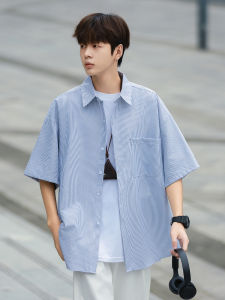 Summer Japanese Vintage Stripe Short Sleeve Shirt Mens Cleanfit Trendy Casual Loose Drooping Shirt Coat