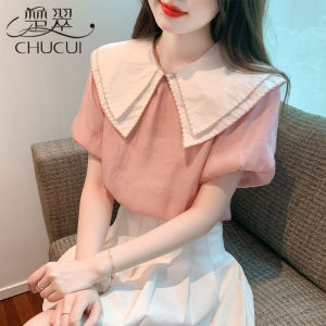 ChuCui Korean Style Loose Fit Short Sleeve Bubble Sleeve Doll Collar Chiffon Shirt for Women Summer New Fashion Youthful Top