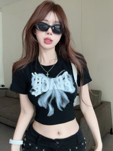 GUZILIAN | Sweet And Spicy Round Neck Short Sleeve T-Shirt High Waist Short Style Belly Baring Slimming Top Trendy Commute Style Knitted Pure Color