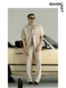 Basic Unit Mens Casual Linen Set Summer Loose Short Sleeve Shirt And Long Pants Two-Piece Suit Young Men Fashion Set