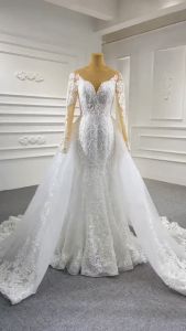 Elegant Ivory Appliqued Lace Wedding Dresses Detachable Train Long Sleeves Mermaid Bridal Gown Church Marriage Dress Robe De Mariée