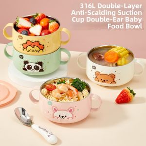 WODEBAIHUI | Children Food Grade 316 Stainless Steel With Handle Double-layered Heat Insulation Bowl