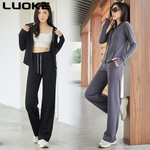 Luoke 2023 Leisure Sports Set Womens High Waist Show Legs Long Sports Flare Pants Cardigan Hooded Set Women