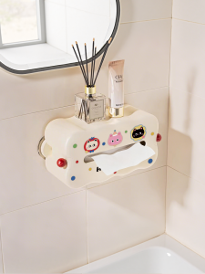 Bathroom Waterproof Suction Cup Toilet Paper Box Facial Towel Storage Organizer Cloud Design UV Printed Top Opening PET+ABS