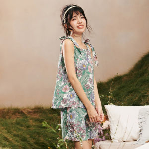 LUNILAI | ชุดนอนผู้หญิงฤดูร้อนสองชิ้นคอเหลี่ยมพิมพ์ลายดอกไม้สไตล์วินเทจเซ็กซี่พร้อมเข็มขัด ชุดนอนในบ้าน ชุดนอนผู้หญิง ชุดนอนผู้หญิง