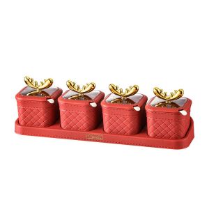 Bộ 4 Hũ Đựng Gia Vị Thiết Kế Nắp Sừng Vàng + Khay