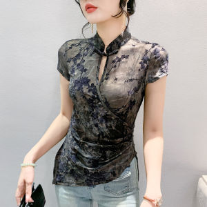 Elegant Silk Velvet T-Shirt Womens Summer New Style Moms Short Sleeve Cheongsam Top Chinese National Style Printed Commute