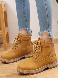 Autumn Winter Fleece Lined Martin Boots Womens High Top Yellow Boots Short Boots Large Size Couple Work Boots Student Versatile 46 Size