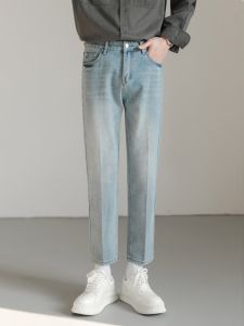 Spring Summer Mens Slim Fit Straight Leg Jeans Casual Versatile Youthful Trendy mid Waist Zipper Pocket Wear Resistant