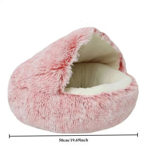 50cm Cat Bed Round Plush Fluffy Hooded Cozy Cat Bed Cave for Indoor Donut Self Warming Small Dog Bed Anti-anxiety Puppy Kennel