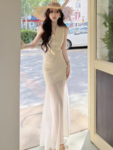 Elegant White Vest Dress Set Womens Scent Style Autumn Winter High Waist A-Line Skirt V-Neck Sleeveless Business Wear