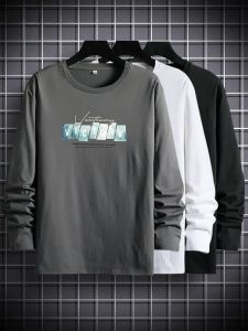 ROMON | Lormen Mens Long Sleeve Cotton T-shirt Spring Autumn New Fashion Print Round Neck Sweatshirt Base Shirt Urban Style Top