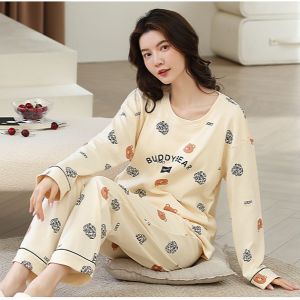 Womens printed round neck pullover longsleeved pajamas twopiece set