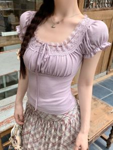 GUZILIAN | Slim Fit Lace Patchwork Square Collar Short Sleeve T-Shirt Women Summer Waist Cinching Design Sensation Slimming Short Purple Top