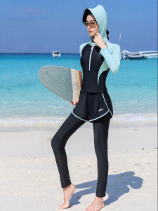XTEP | Conservative Split Long Sleeve Swimsuit for Women with Detachable Hat and Long Pants